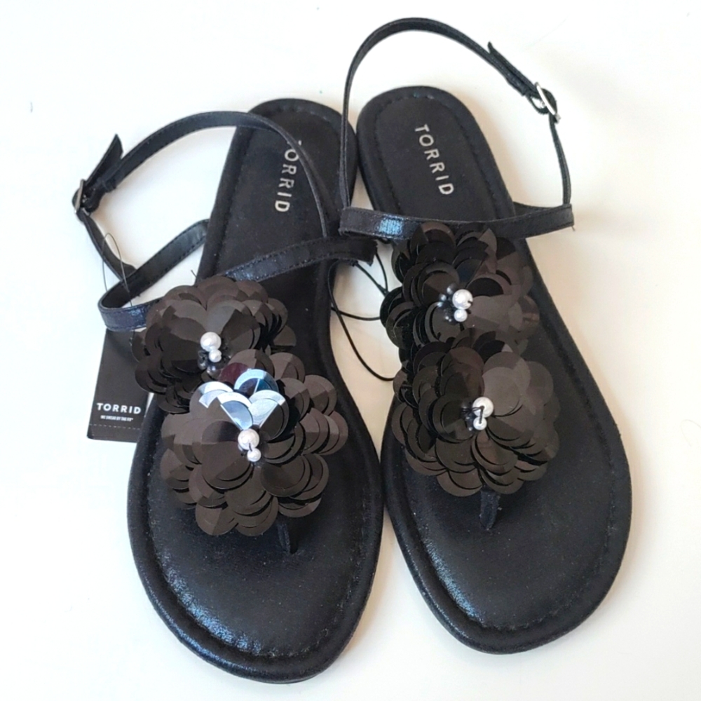 Torrid Black Sequin Floral T- Strap Sandal ( Wide Width)